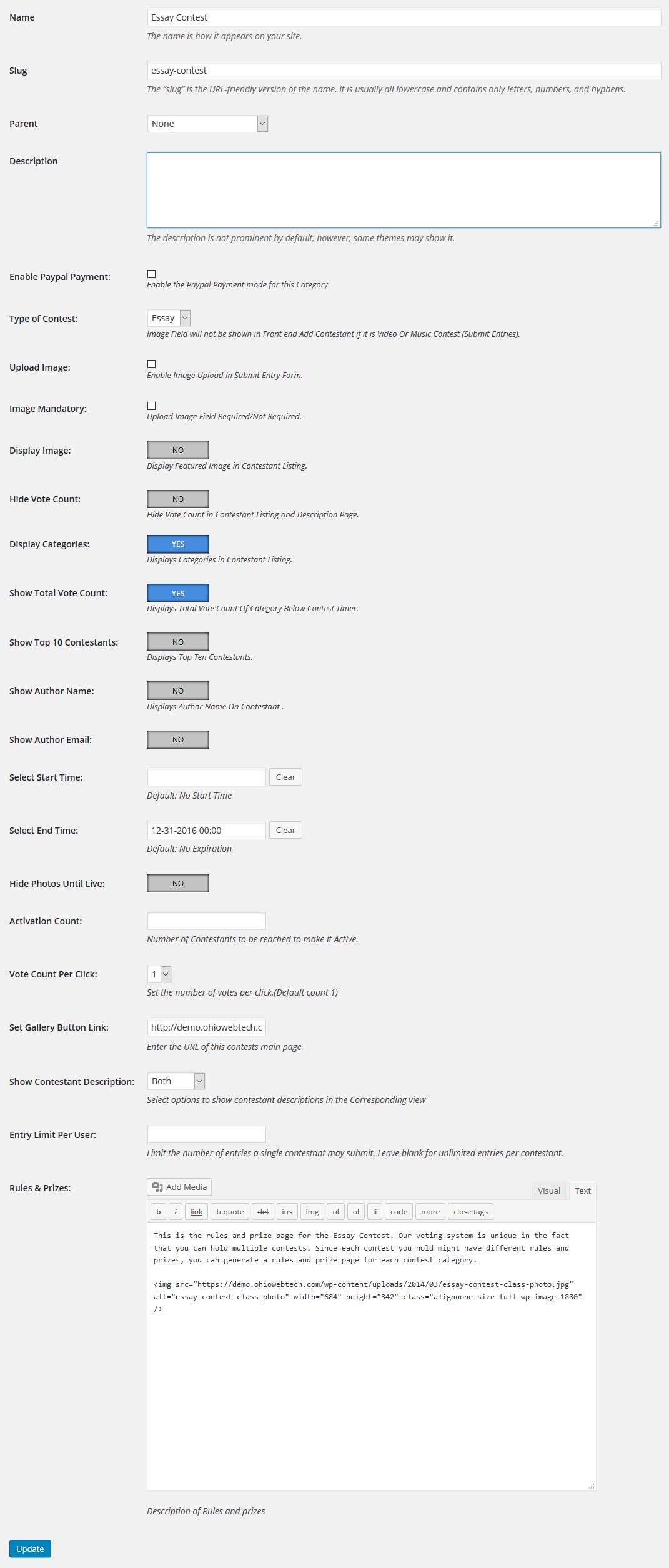 WordPress Essay Contest Category Settings